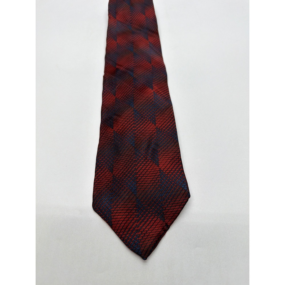 Jhane Barnes Mens Silk Necktie Red Navy Geometric Woven Abstract Made in USA